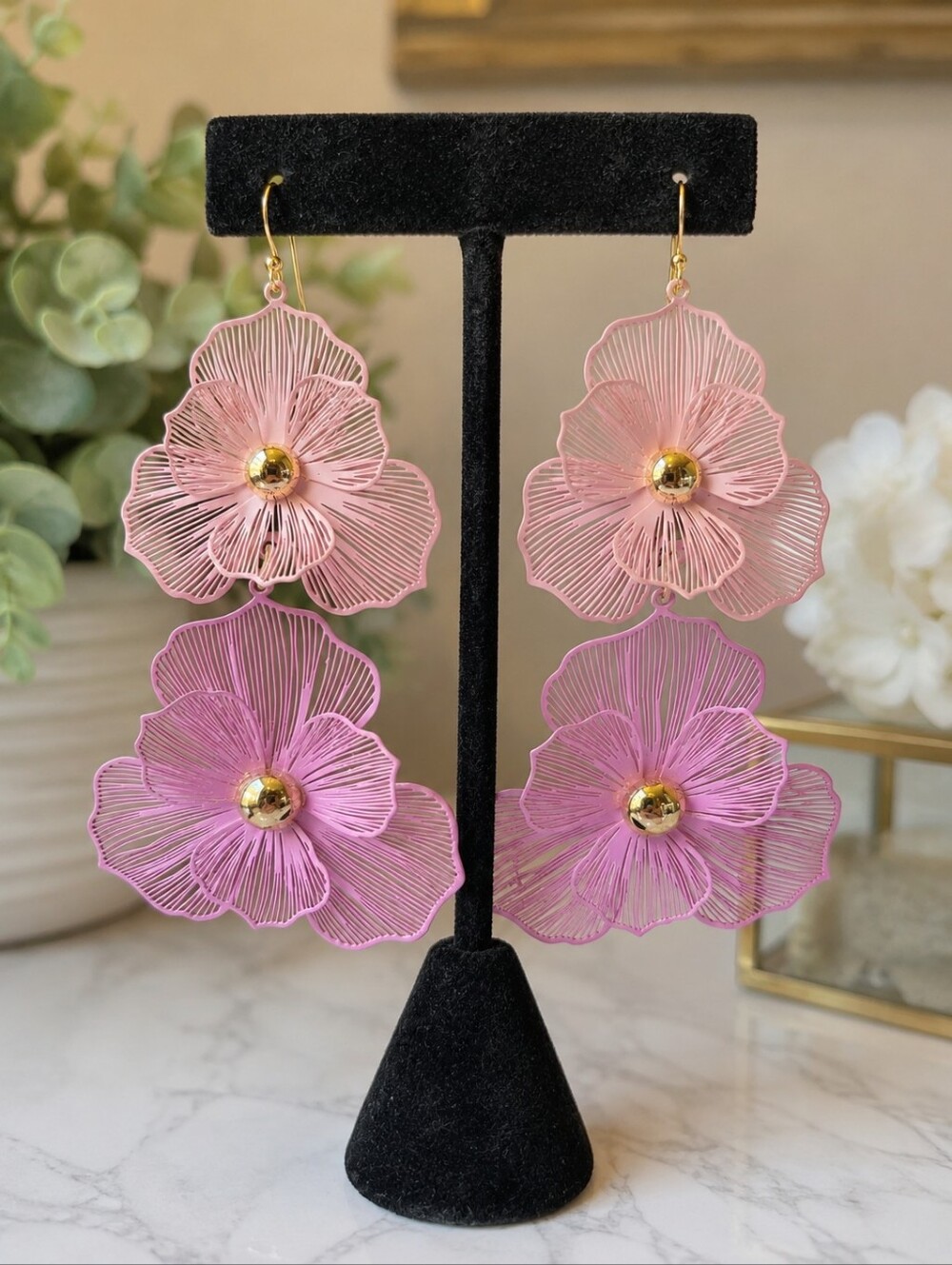 Ashley Cooper Pink Purple Floral Filigree Statement Dangle Earrings NWT